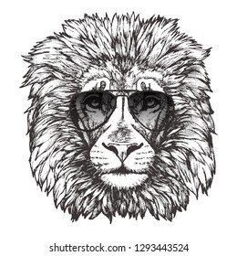 Portrait of Lion with sunglasses. Hand-drawn illustration. Vector
