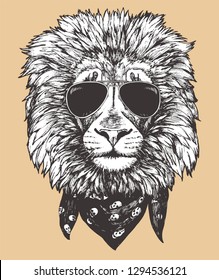 Portrait of Lion with sunglasses and scarf. Hand-drawn illustration. Vector