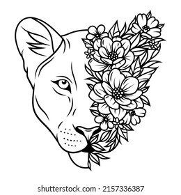 Portrait of a lioness with floral wreaths. Illustration of a predatory wild cat in boho design with natural accessories. Royal lioness. Wild cat with a mane. Zoo. Tattoo.