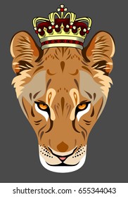 Portrait of a Lioness with a golden crown on his head