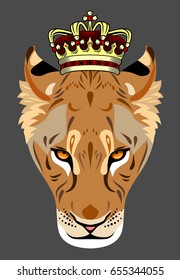 Portrait of a Lioness with a golden crown on his head