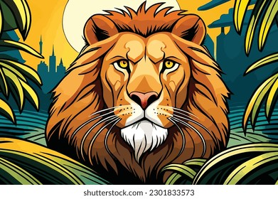 portrait of a lion's face among the leaves.Vector art animal