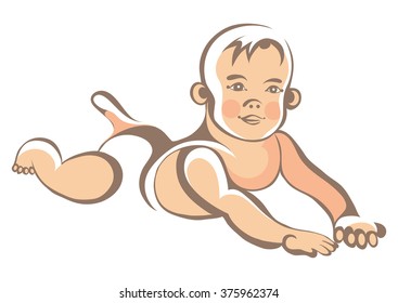Portrait of little baby (child, kid). Suitable for invitation, flyer, sticker, poster, banner, card,label, cover, web. Colorful vector illustration isolated.