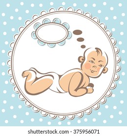 Portrait of little baby (child, kid)-boy. Suitable for invitation, flyer, sticker, poster, banner, card,label, cover, web. Colorful vector illustration isolated.