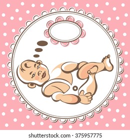 Portrait of little baby (child, kid)-girl. Suitable for invitation, flyer, sticker, poster, banner, card,label, cover, web. Colorful vector illustration isolated. 