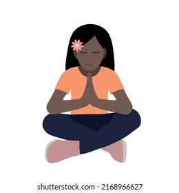 Portrait of a little black girl who sits cross-legged and folded her hands for prayer, flat vector, isolated on white background