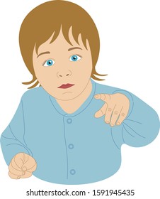 Portrait of a little boy with forefinger, blue-eyed child