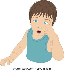 Portrait of a little boy in a pensive pose, blue-eyed baby leaned on his arm