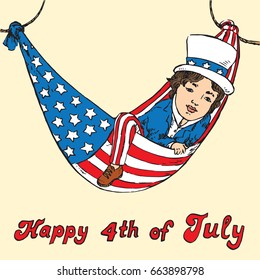 Portrait of little boy in Uncle Sam costume resting in hammock of the American flag, Happy 4th of July, card design, drawn by hand vector illustration in pop art doodle comics style