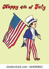 Portrait of little boy in Uncle Sam costume walking with American flag, Happy 4th of July, card design, drawn by hand vector illustration in pop art doodle comics style