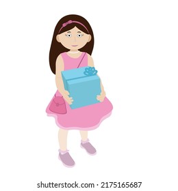 Portrait of a little cartoon girl holding a big gift box in her hands, isolated on white, flat vector