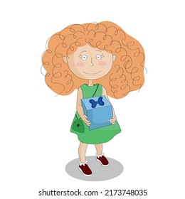 Portrait of a little cartoon redhead girl holding a big gift box in her hands, isolated on white, flat vector