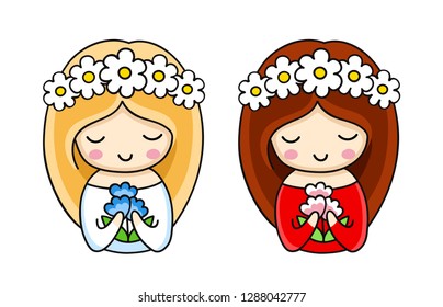 Portrait of little cute bride in a wreath of white daisies, holding blue flowers. Cartoon character. Vector illustration.