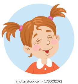 Portrait eines kleinen lustigen Mädchens mit zwei Ponytails .  Avatar Symbol im Kreis. Im Cartoon-Stil. Auf weißem Hintergrund isoliert. Vector flache Abbildung.