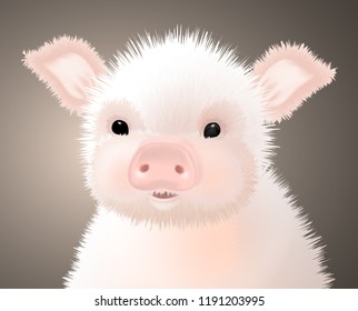 Portrait of a Little Furry Pink Cute Piglet. Vector illustration.