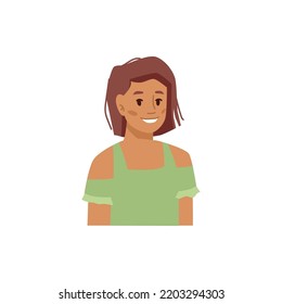 Portrait of little girl, isolated avatar of cheerful and positive kid personage. Cute school student looking aside and smiling. Vector in flat cartoon style