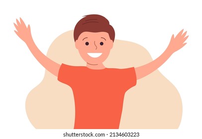 Portrait of a little happy boy. A smile on his face. Hand gesture. Flat vector illustration isolated on white background