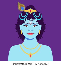 Portrait of little Krishna. Happy krishna janmashtami. Dahi Handi Celebration, Hindu Indian Festival. Colorful vector illustration in flat cartoon style.