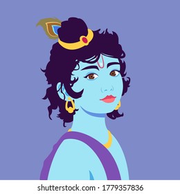 Portrait of little Krishna. Happy krishna janmashtami. Dahi Handi Celebration, Hindu Indian Festival. Colorful vector illustration in flat cartoon style.