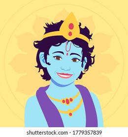 Portrait of little Krishna. Happy krishna janmashtami. Dahi Handi Celebration, Hindu Indian Festival. Colorful vector illustration in flat cartoon style.