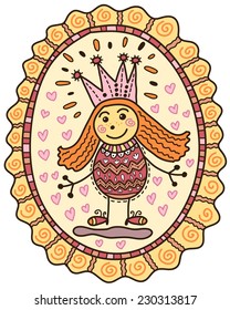 Portrait of a little princess wearing a crown with pink hearts on the background in the style of children's drawings.