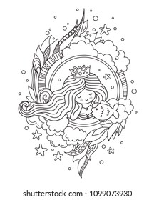 Portrait of little queen mermaid with fish. Page for coloring book, greeting card, print, t-shirt, poster. Hand-drawn vector illustration.