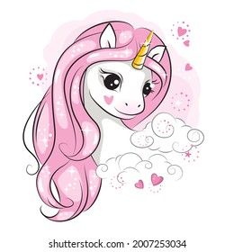Portrait of little unicorn with pink mane and clouds on pink background. Beautiful picture for your design. Hand drawn illustration.