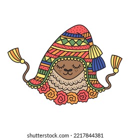 Portrait of llama wearing traditional ornate knitted Machu picchu hat. Cute alpaca with trendy outfit. Flower necklace. Farm pet funny face. Cartoon vector illustration for kids. Isolated on white
