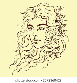 Portrait of a long hair woman with flowers vector for card, decoration, illustration