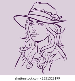 Portrait of long hair woman in hat vector for illustration, card, decoration