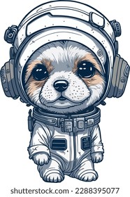 Portrait of a lovable character of a cute puppy wearing an astronaut outfit. Baby dog on White background.