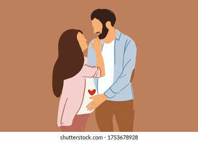 Portrait of a lovely couple hugging together on the background, man touching pregnant women's belly. Vector illustration in flat style