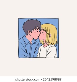 Portrait of lovely young couple hugging and kissing. Anime, manga, kawaii asian style. Hand drawn Vector illustration. Love, relationship, Valentine's Day, emotions, dating concept