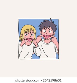 Retrato de jovem casal bonito mostrando língua, brincando ao redor. Anime, manga, estilo asiático kawaii. Ilustração de vetor desenhada à mão. Amor, relacionamento, Dia dos Namorados, emoções, namoro conceito