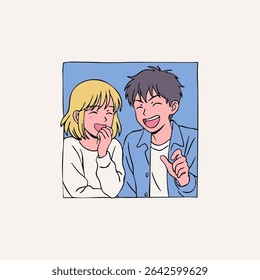 Retrato de um jovem casal adorável sorrindo juntos. Anime, manga, estilo asiático kawaii. Ilustração de vetor desenhada à mão. Amor, relacionamento, Dia dos Namorados, emoções, namoro conceito
