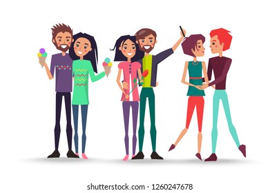 Portrait of lovely young couples on white background vector illustration. Smiling girls and boys holds ice cream, makes selfie, admire each other