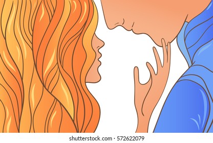 Portrait of a loving couple in profile. Hand of the woman touching  man and kissing. Vector sketch illustration - template Valentines Day on white isolated background.