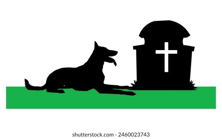 Portrait of loyal dog waiting by the grave of its owner black silhouette. Old dog lying down in cemetery guarding owner's grave.	