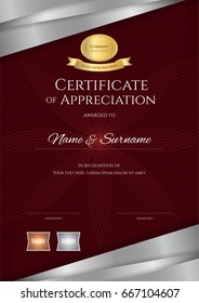 Portrait luxury certificate template with elegant red and silver border frame, Diploma design for graduation or completion