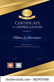 Portrait luxury certificate template with elegant blue and golden border frame, Diploma design for graduation or completion