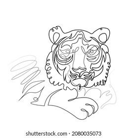Portrait of a lying tiger in one continuous line, black and white vector drawing. The tiger is a symbol of the 2022 new year.