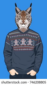 Portrait of a Lynx in a man's knitted sweater with patterns in the form of little men