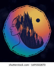 Portrait von magischen Wald Nymphe, mysteriösen Charakter aus Märchen. Vektorillustration einzeln. Traumhafte Zauberkunst.
