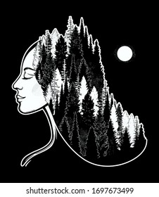 Portrait of magic forest nymph, mysterious character from fairy tales. Isolated vector illustration. Dreamy magic tattoo art.