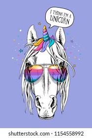 Portrait of a magical horse with a unicorn mane, horn and in a rainbow sunglasses on a light violet background. Poster, t-shirt composition, handmade print. Vector illustration.