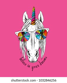 Portrait of a magical unicorn with a bright horn, in a coloring glasses on a pink background. Vector illustration.