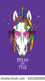 Portrait of a magical unicorn with a bright horn, in a pink glasses on a violet background. Vector illustration.