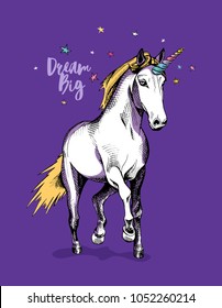Portrait of a magical unicorn with a bright horn, with a yellow mane and tail
on a violet background. Vector illustration.