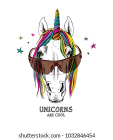 Portrait of a magical unicorn with a bright mane and horn, in a glasses on a starry background. Vector illustration.