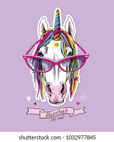 Portrait of a magical unicorn with a starry mane, horn in a bright coloring glasses on a light violet background. Vector illustration.